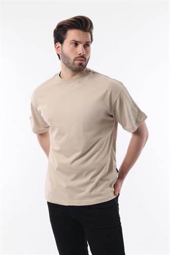Erkek Vizon Oversize Şerit Detaylı Basic Tişört 7023