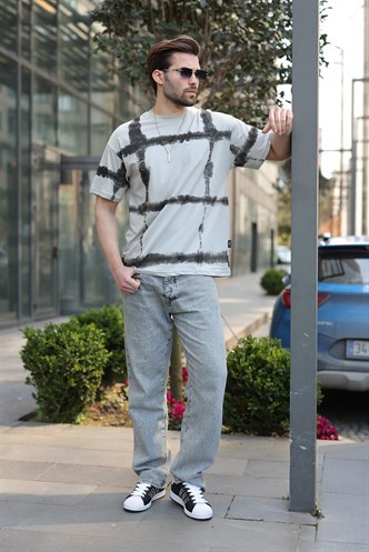 Boyalı Gri Bisiklet Yaka Baskılı Basic Erkek T-shirt E7109