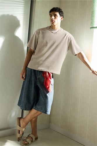 Erkek Taş Rengi Oversize Fit Basic Tişört 6066
