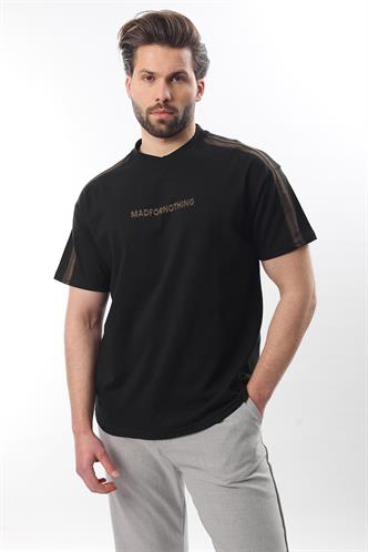 Siyah Bisiklet Yaka Baskılı Erkek T-shirt E7110