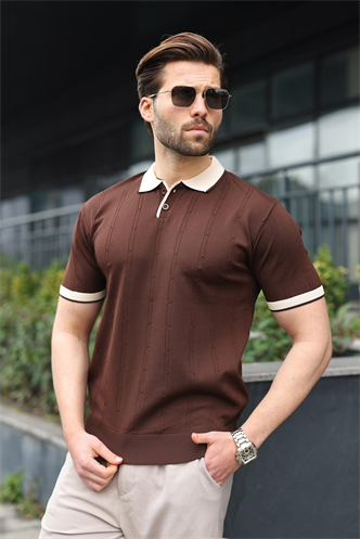 Kahverengi Polo Yaka Triko Erkek Tişört E7470