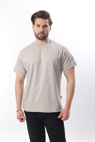 Boyalı Gri Bisiklet Yaka Çoban Dikişli Overfit Erkek T-shirt E7103