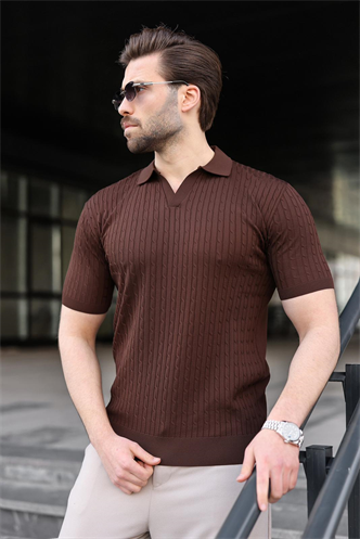 Kahverengi Slim Fit Polo Yaka Triko Erkek Tişört E7472