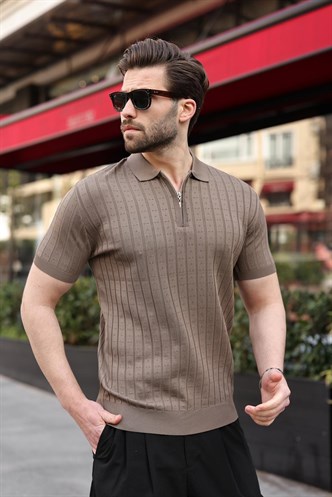 Açık Kahverengi Polo Yaka Slim Fit Triko Erkek Tişört E7465