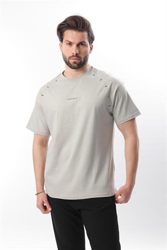 Boyalı Gri Baskılı Nakış Detaylı Erkek T-shirt E7108