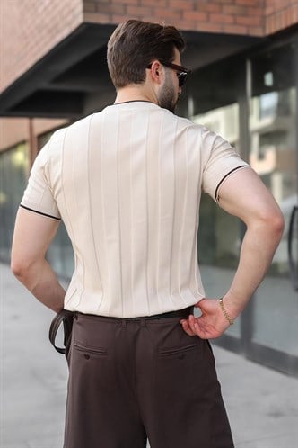 Taş Rengi Bisiklet Yaka Regular Fit Triko Erkek Tişört E7487