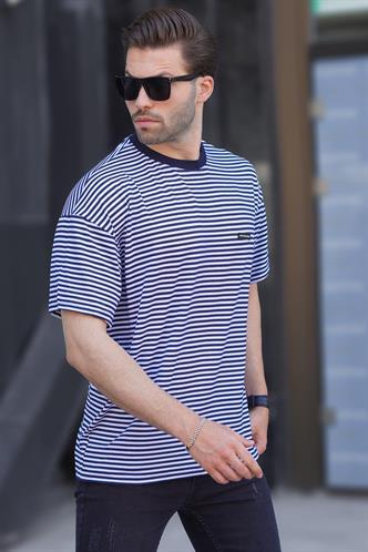 Lacivert Bisiklet Yaka Çizgili Kısa Kollu Arma Detaylı Erkek T-shirt 7031