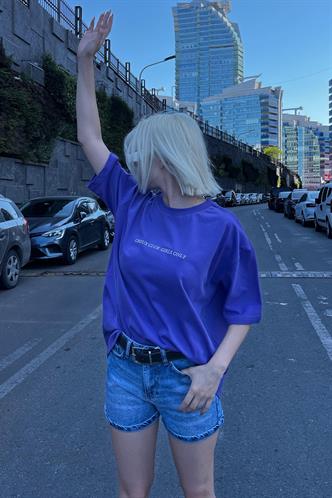 Mor Oversize Sırt Ve Ön Baskılı Bisiklet Yaka Kısa Kollu Tişört MG2130