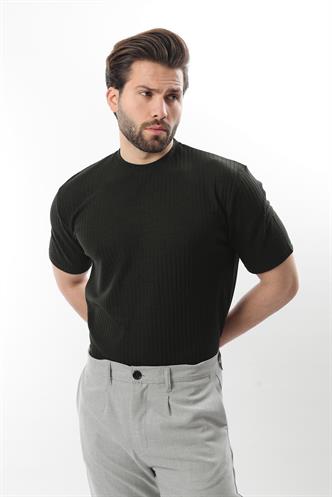 Siyah Dokulu Çizgi Tasarım Bisiklet Yaka Erkek T-shirt E7122