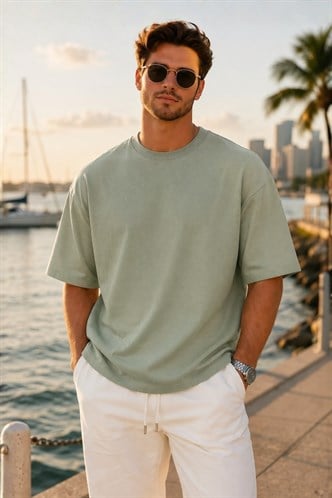 Erkek Çağla Yeşili Oversize Fit Basic Tişört 6066