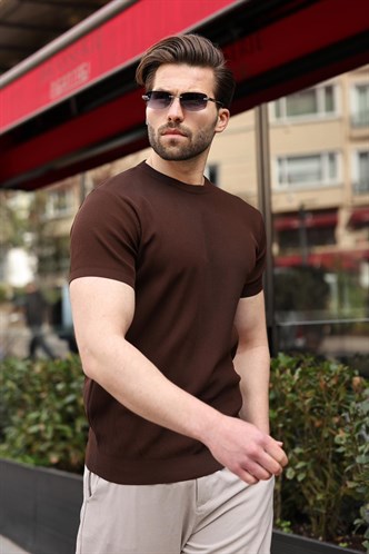 Kahverengi Bisiklet Yaka Fitilli Erkek Tişört E7474