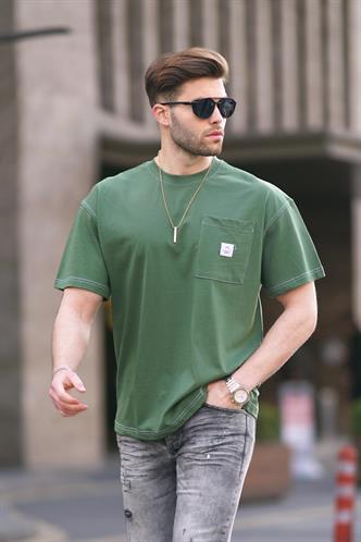 Haki Oversize Cep Detaylı Erkek Tişört 7001