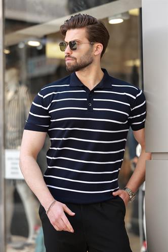 Lacivert Çizgili Polo Yaka Erkek T-shirt E7405