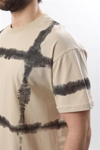 Bej Bisiklet Yaka Baskılı Basic Erkek T-shirt E7109