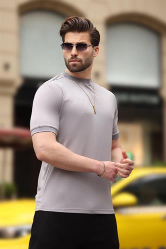 Boyalı Gri  Düz Bisiklet Yaka Basic Erkek Tişört E7129