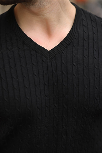 Siyah V Yaka Kısa Kollu Triko Erkek Tişört E7467