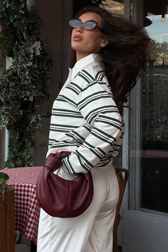 Ekru Çizgili Düğmeli Polo Yaka Kadın Uzun Kollu Tişört  MG2587