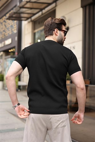Siyah Bisiklet Yaka Fitilli Erkek Tişört E7474