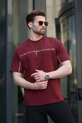 Bordo Bisiklet Yaka Baskılı Basic Tişört E7156