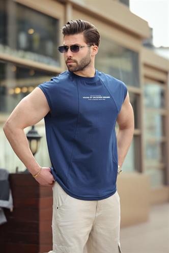  Madmext Lacivert Bisiklet Yaka Baskılı Erkek Tişört E7123