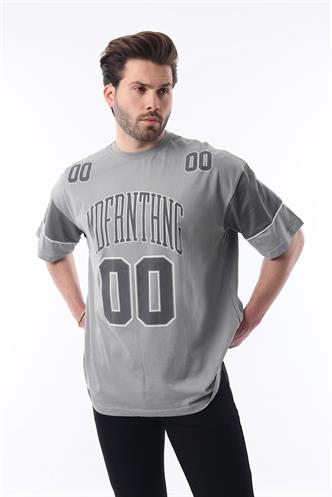 Boyalı Gri Baskılı Pamuklu Oversize Erkek T-shirt 7035