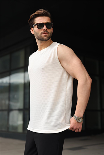 Ekru Bisiklet Yaka Jakarlı Kolsuz Erkek Tişört E7180