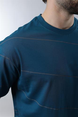 Petrol Mavisi Bisiklet Yaka Basic Çizgili Erkek T-shirt E7102