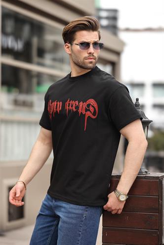 Siyah Baskılı %100 Pamuk Erkek T-shirt E7141