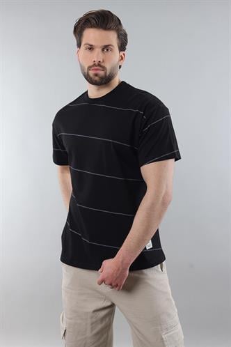 Siyah Bisiklet Yaka Basic Çizgili Erkek T-shirt E7102