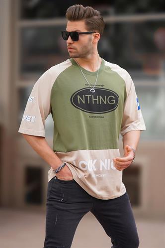 Haki Bisiklet Yaka Renk Bloklu Baskılı Erkek Tişört 7027