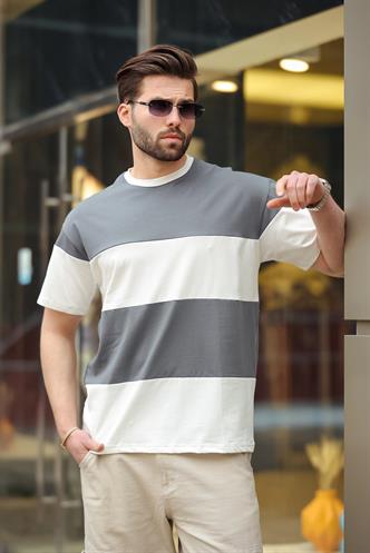 Füme Oversize Renk Bloklu Bisiklet Yaka Tişört 7020