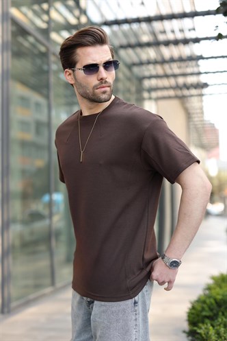 Acı Kahverengi Dikiş Detaylı Regular Fit Erkek Tişört E7183