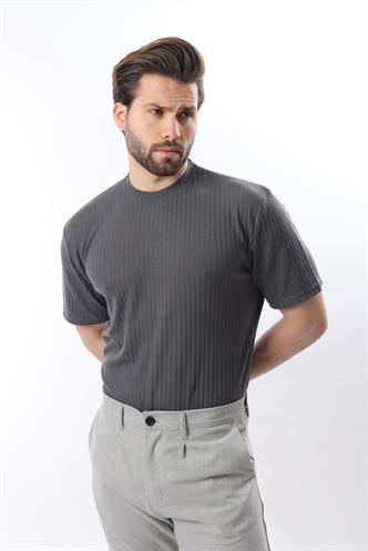 Füme Dokulu Çizgi Tasarım Bisiklet Yaka Erkek T-shirt E7122