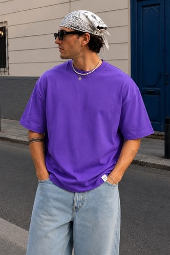 Erkek Mor Oversize Fit Basic Tişört 6066
