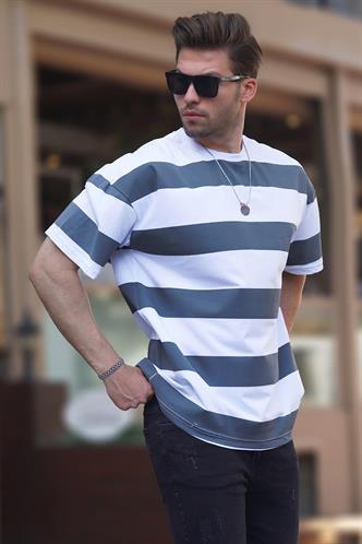 Füme Oversize Renk Bloklu Bisiklet Yaka Kısa Kollu Tişört 7030