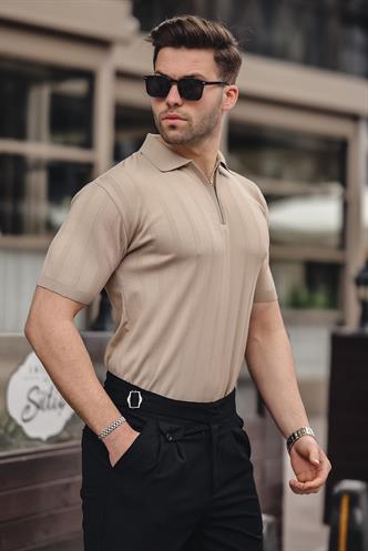 Madmext Erkek Vizon Polo Yaka Fermuarlı Tişört 6355