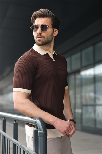 Kahverengi Polo Yaka Triko Erkek Tişört E7471