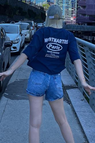 Lacivert Oversize Sırt Baskılı Bisiklet Yaka Kısa Kollu Tişört MG2127