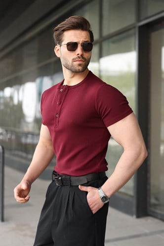 Bordo Yarım Düğmeli Slim Fit Erkek Tişört E7186