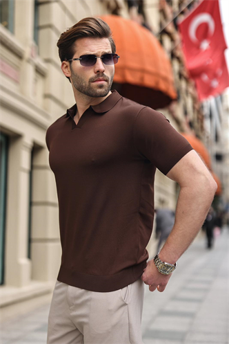 Acı Kahverengi Polo Yaka Triko Kısa Kollu Erkek Tişört E7463