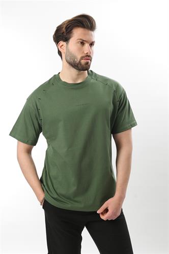 Haki Baskılı Nakış Detaylı Erkek T-shirt E7108