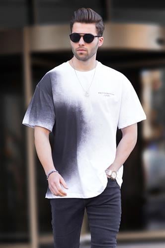 Beyaz Baskılı Bisiklet Yaka Erkek Tişört 7028