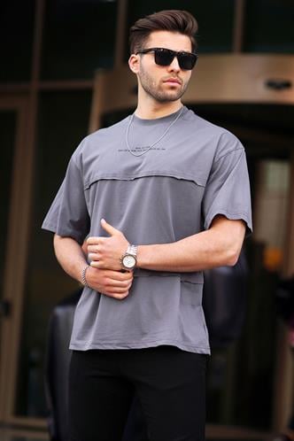 Füme Oversize Baskılı Bisiklet Yaka Tişört 7017