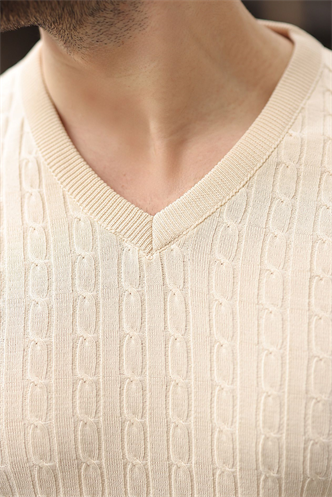 Taş Rengi V Yaka Kısa Kollu Triko Erkek Tişört E7467