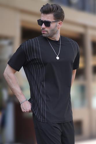 Siyah Bisiklet Yaka Pamuklu Gri Renk Detaylı Overfit Tişört 7038