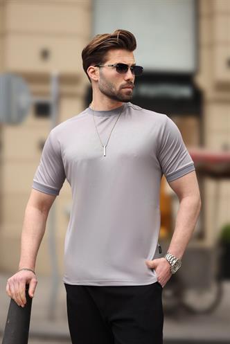 Boyalı Gri  Düz Bisiklet Yaka Basic Erkek Tişört E7129