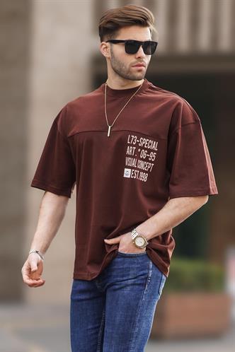 Kahverengi Oversize Baskılı Erkek Tişört 6193