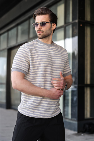 Boyalı Gri Jakarlı Bisiklet Yaka Erkek Tişört E7181