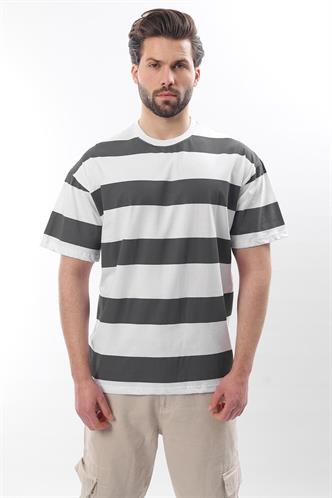 Füme Oversize Renk Bloklu Bisiklet Yaka Kısa Kollu Tişört 7030