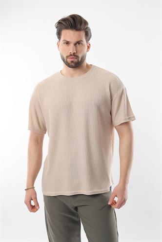 Bej Bisiklet Yaka Erkek T-shirt E7127